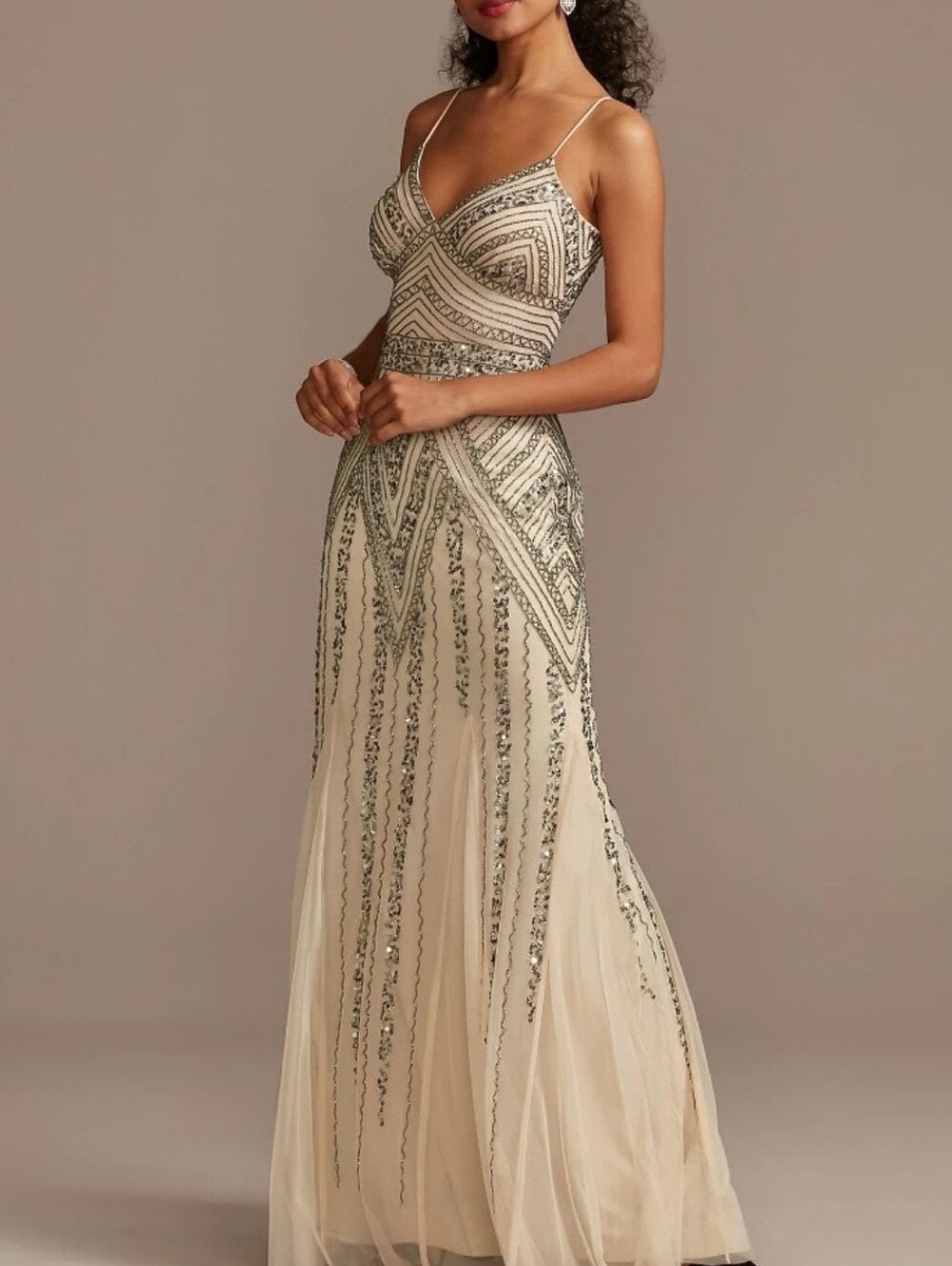 NWT MARINA | Beaded Spaghetti Strap Formal Gown - Picture 3 of 12